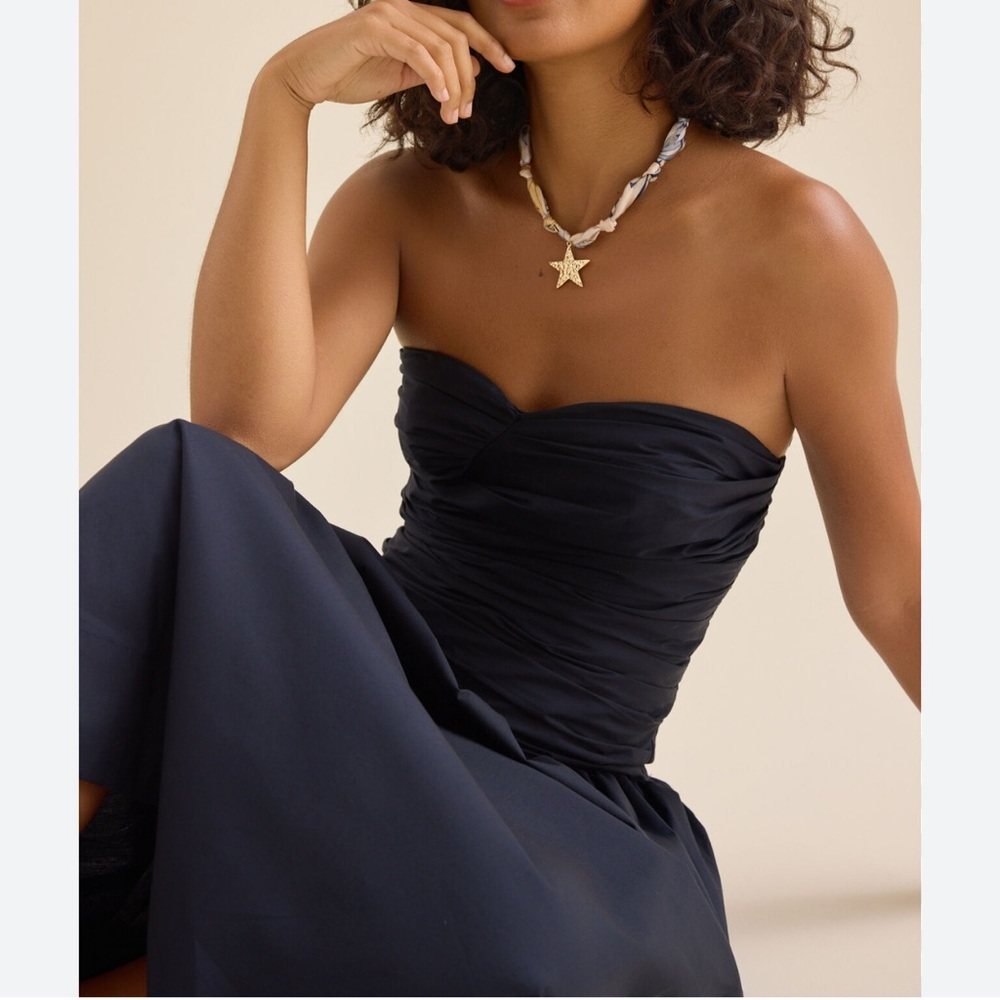 Altar'd State Navy Strapless Ruched Midi Dress